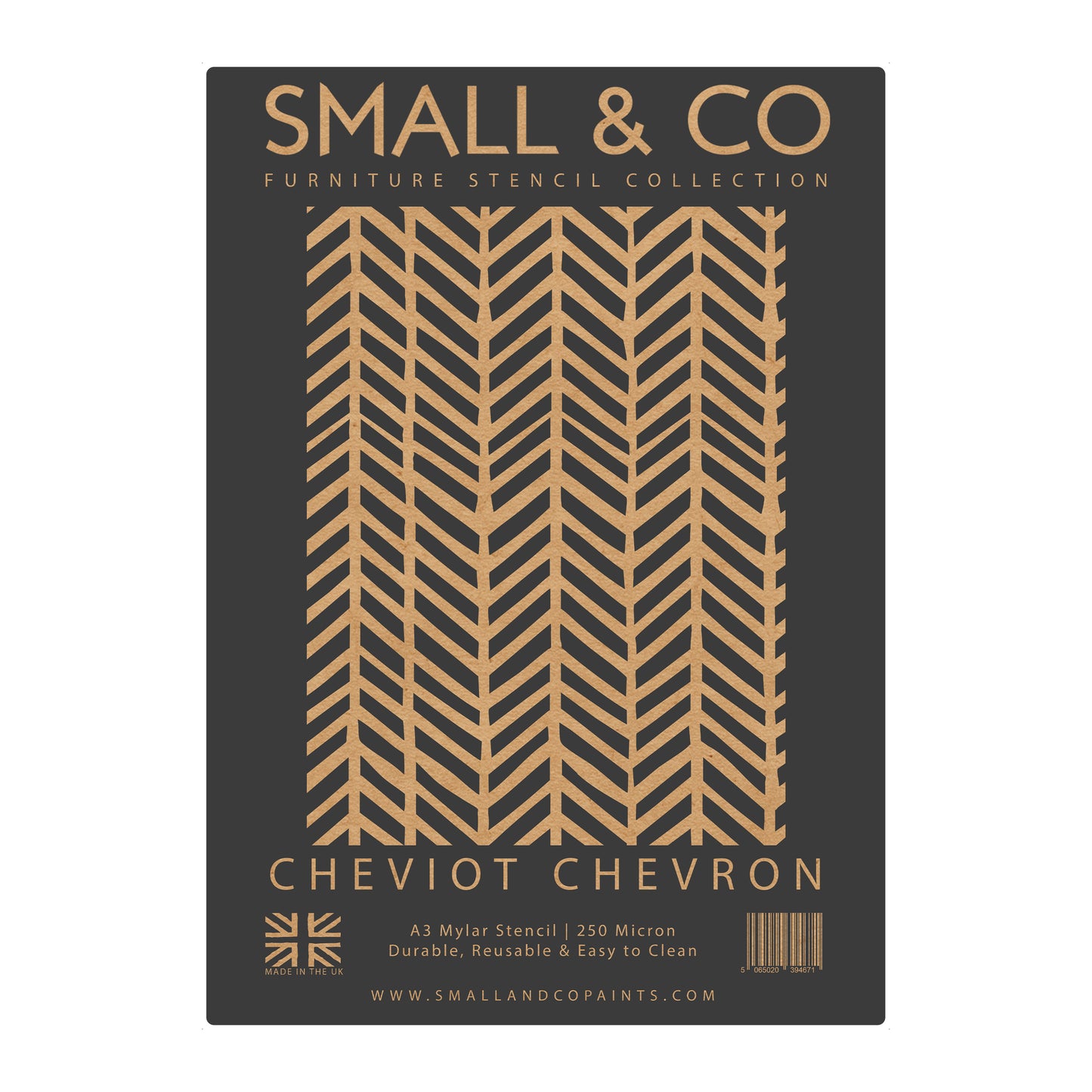 Cheviot Chevron packaging with repeating zigzag herringbone arrows – UK-made A3 reusable stencil for geometric feature walls, DIY furniture and crafts.