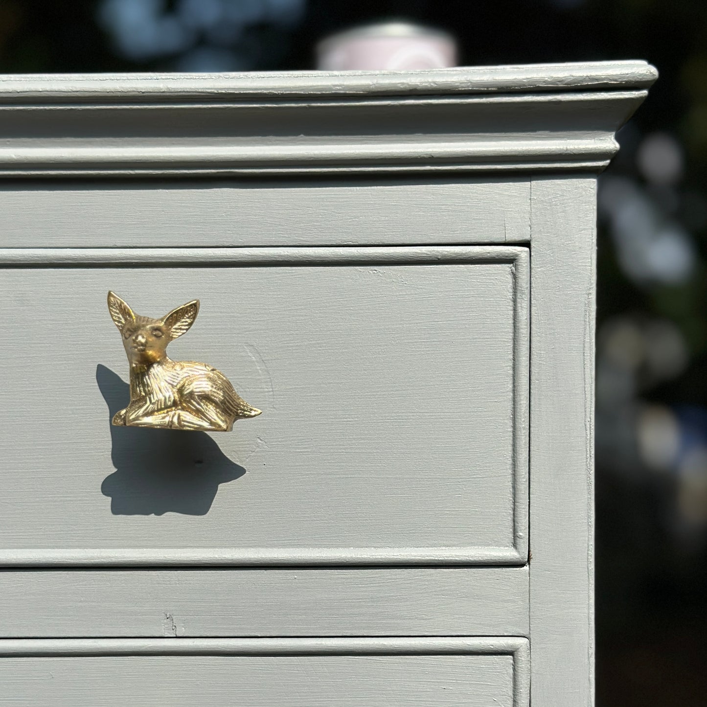 highland haze, light mid grey furniture paint, painted chest of drawers with brass deer handle, paint by small and co furniture paints