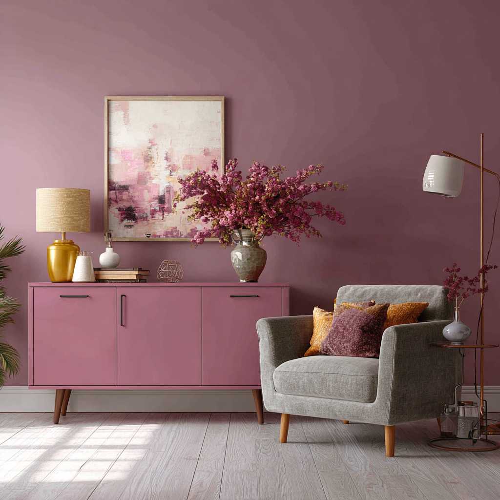 Colour drenching furniture painting technique with matching wall and sideboard painted in deep mauve tones using eco-friendly Small & Co paints.