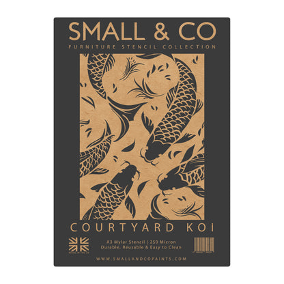 Courtyard Koi packaging showing repeating koi carp motif – UK-made A3 reusable stencil for garden-pond inspired décor, upcycling and crafts.