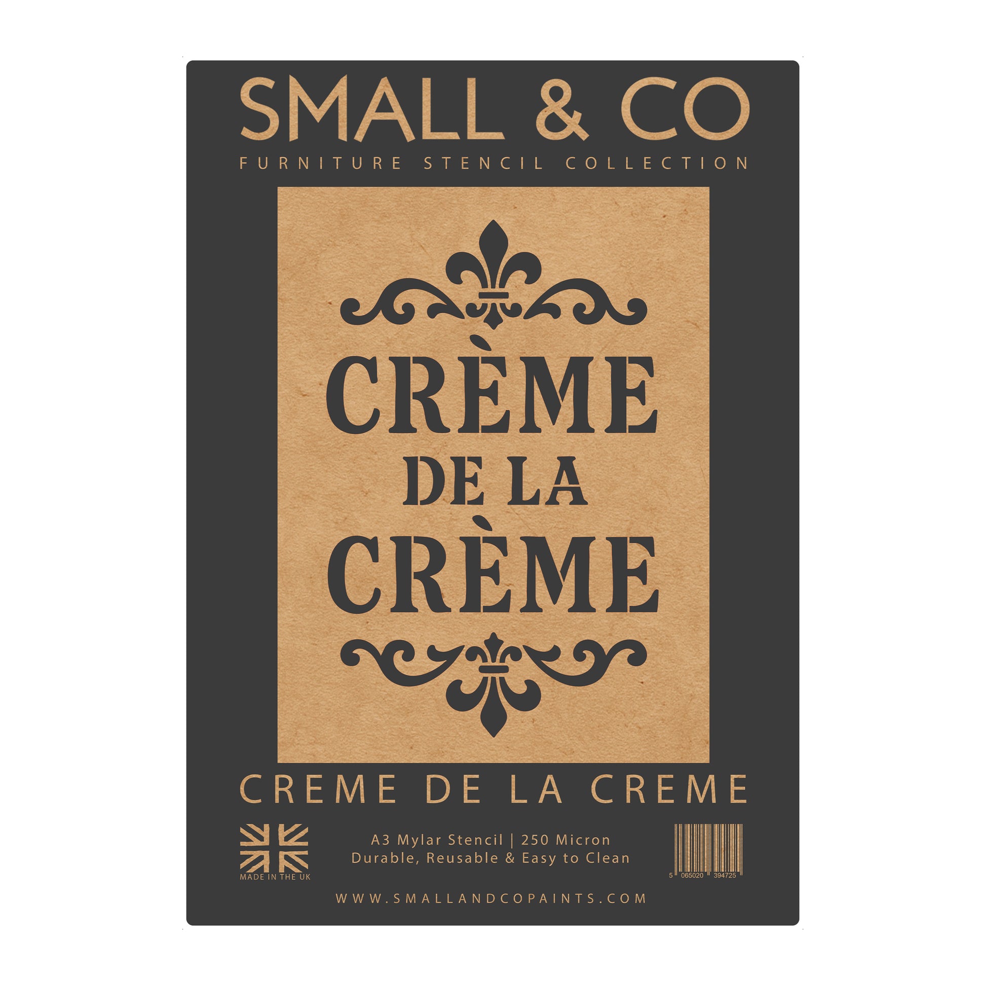 Crème de la Crème stencil packaging showing French typography pattern for furniture painting, kitchen décor, café style wall art and vintage farmhouse upcycling projects
