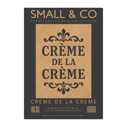 Crème de la Crème stencil packaging showing French typography pattern for furniture painting, kitchen décor, café style wall art and vintage farmhouse upcycling projects