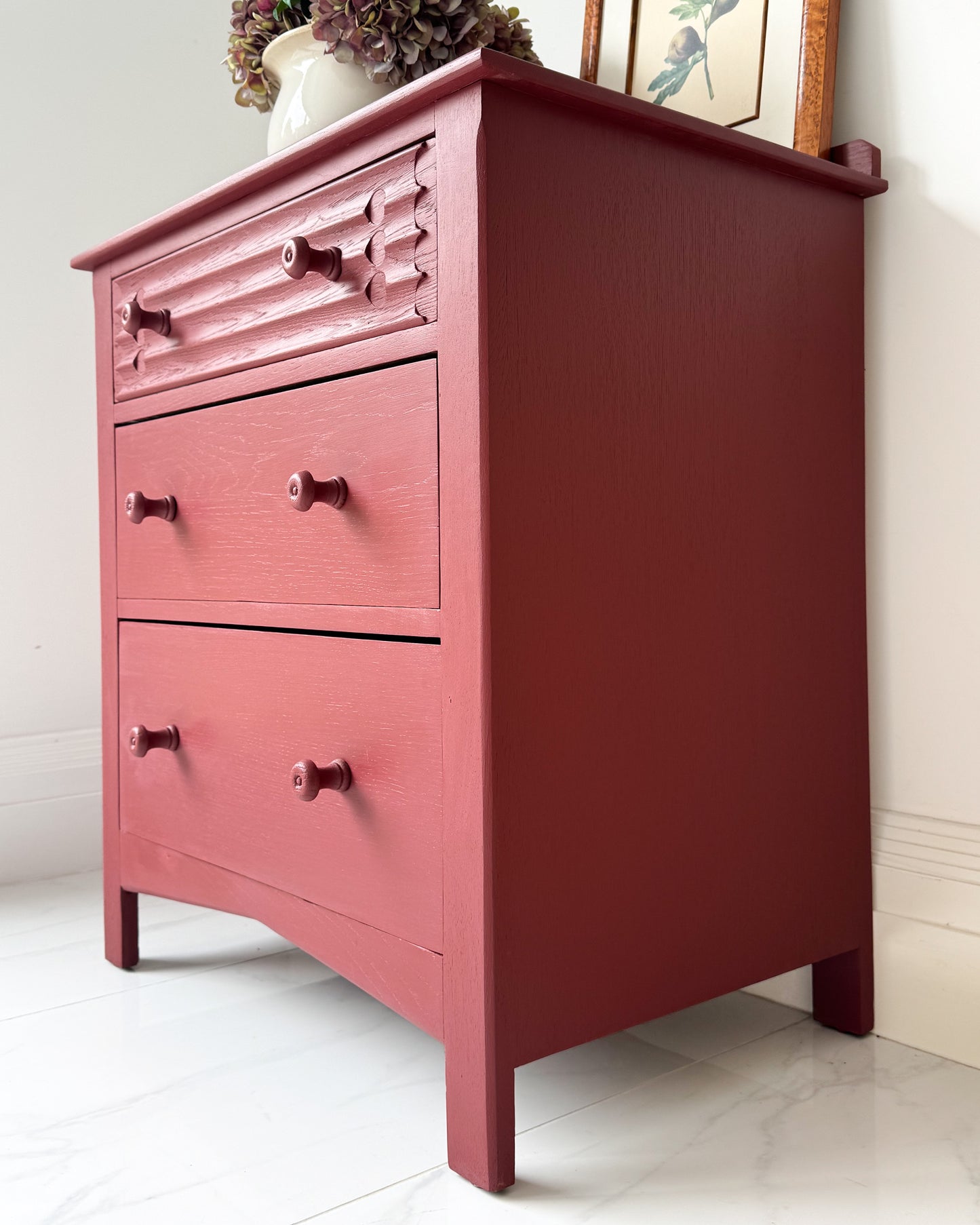 Hand-painted dresser in Small & Co Cricket Leather red furniture paint, showcasing smooth coverage and bold colour depth