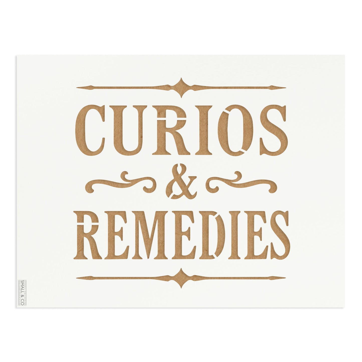 Curios & Remedies vintage typographic stencil by Small & Co – antique apothecary style lettering stencil for furniture painting, wall art, shop signs, curiosity cabinets, DIY upcycling, crafts and decorative interior projects.
