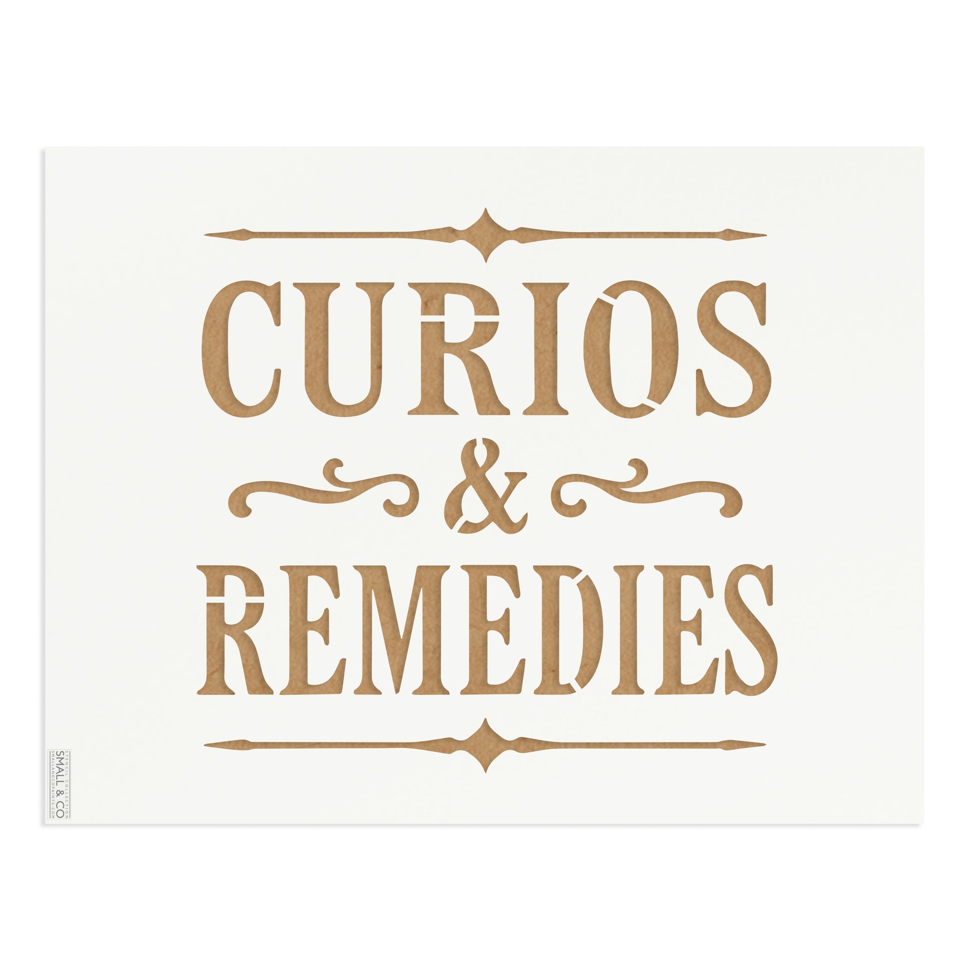 Curios & Remedies vintage typographic stencil by Small & Co – antique apothecary style lettering stencil for furniture painting, wall art, shop signs, curiosity cabinets, DIY upcycling, crafts and decorative interior projects.