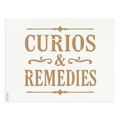 Curios & Remedies vintage typographic stencil by Small & Co – antique apothecary style lettering stencil for furniture painting, wall art, shop signs, curiosity cabinets, DIY upcycling, crafts and decorative interior projects.