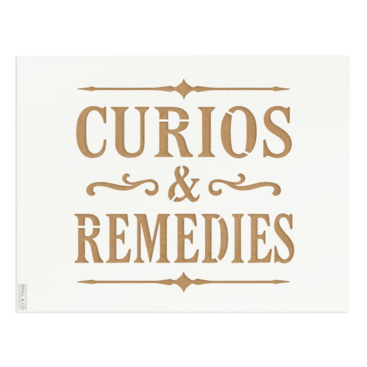 Curios & Remedies vintage typographic stencil by Small & Co – antique apothecary style lettering stencil for furniture painting, wall art, shop signs, curiosity cabinets, DIY upcycling, crafts and decorative interior projects.