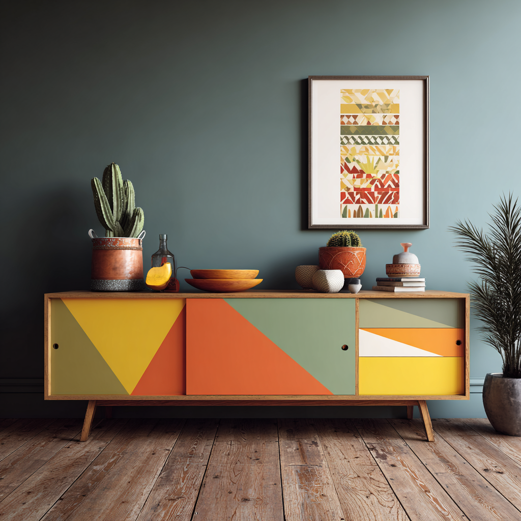 Geometric colour block painted sideboard in yellow, orange, and green tones — bold DIY furniture painting technique with retro style.