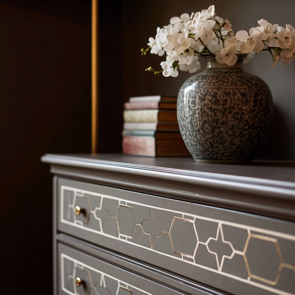 Hand-painted chest of drawers with slim painted inlay borders — faux marquetry furniture painting technique for an elegant finish.