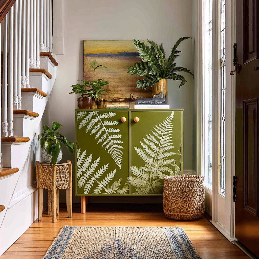 Hand-painted hallway cupboard with fern leaf stencil design in green tones — botanical furniture painting technique using stencils.