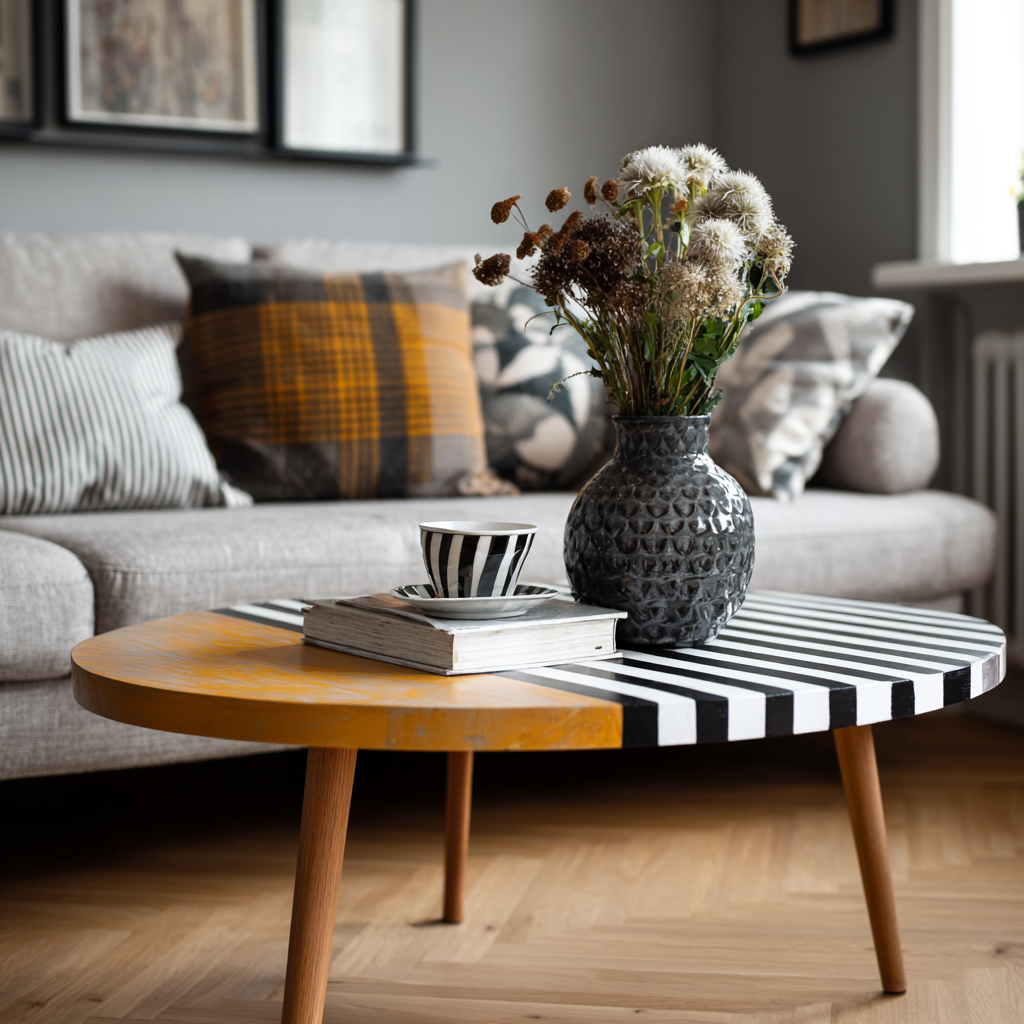 Hand-painted coffee table with bold black and white stripes, showcasing the checkerboard and stripe furniture painting technique.