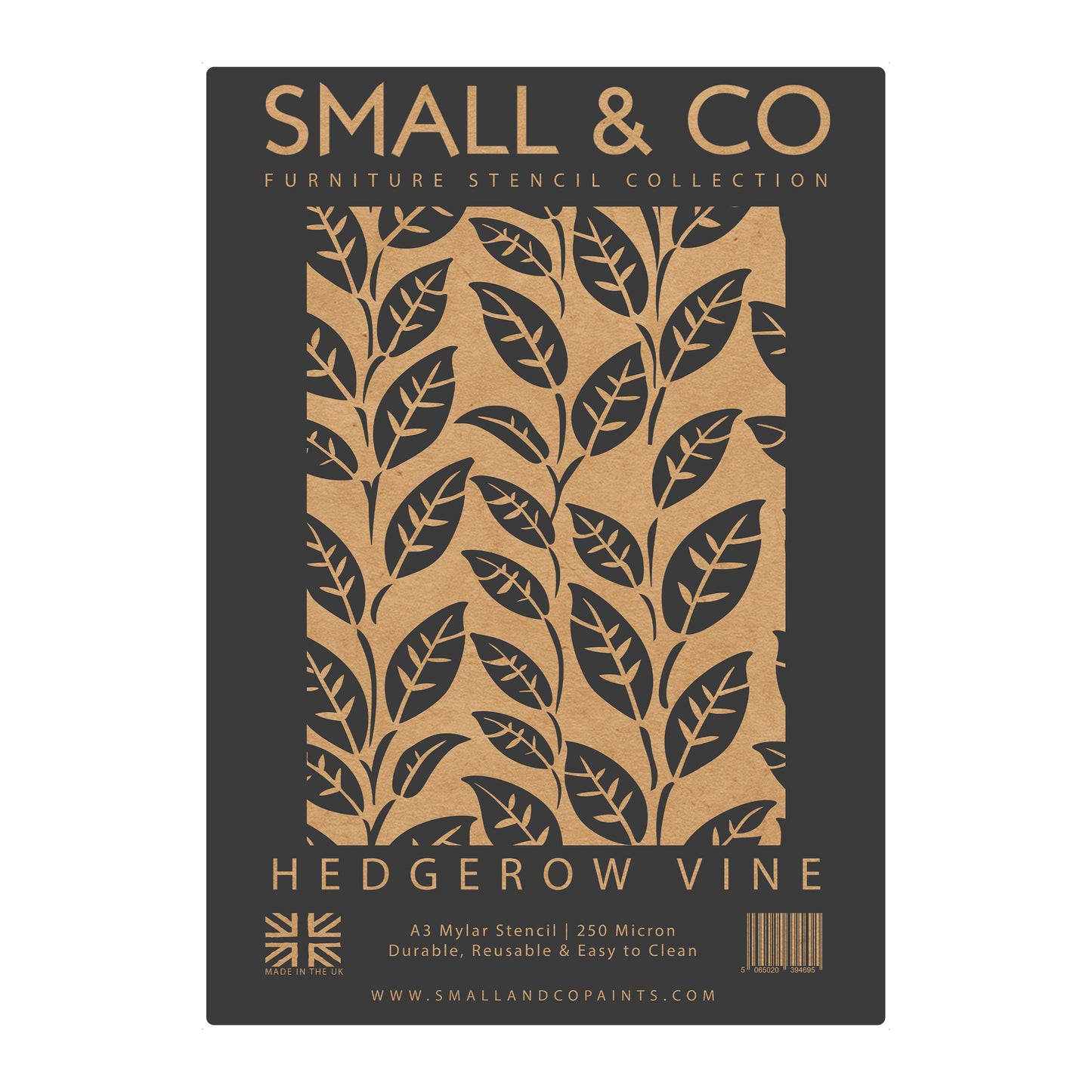 Hedgerow Vine packaging with repeating foliage vines – UK-made A3 reusable stencil for countryside interiors, DIY furniture painting and crafts.