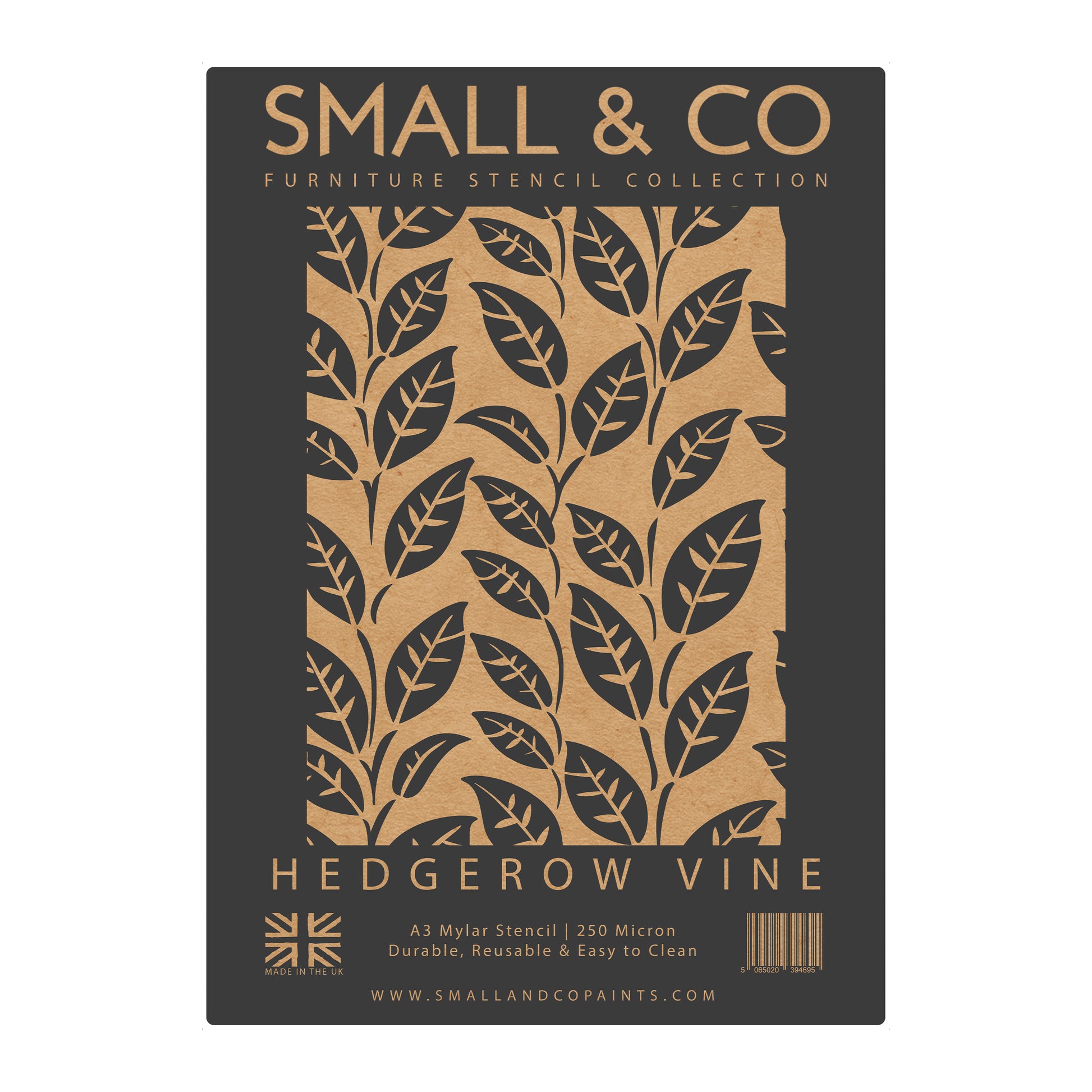 Hedgerow Vine packaging with repeating foliage vines – UK-made A3 reusable stencil for countryside interiors, DIY furniture painting and crafts.