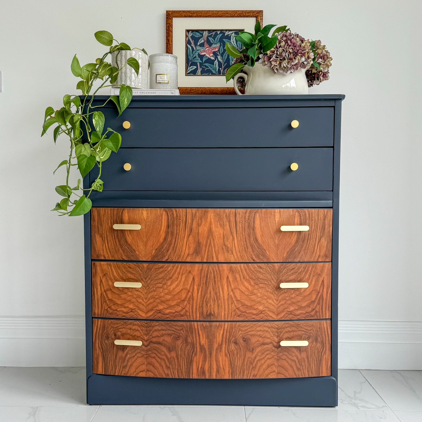 Royal Navy, dark blue furniture paint by small and co paints, durable midnight blue. retro vintage chest of drawers painted in dark blue