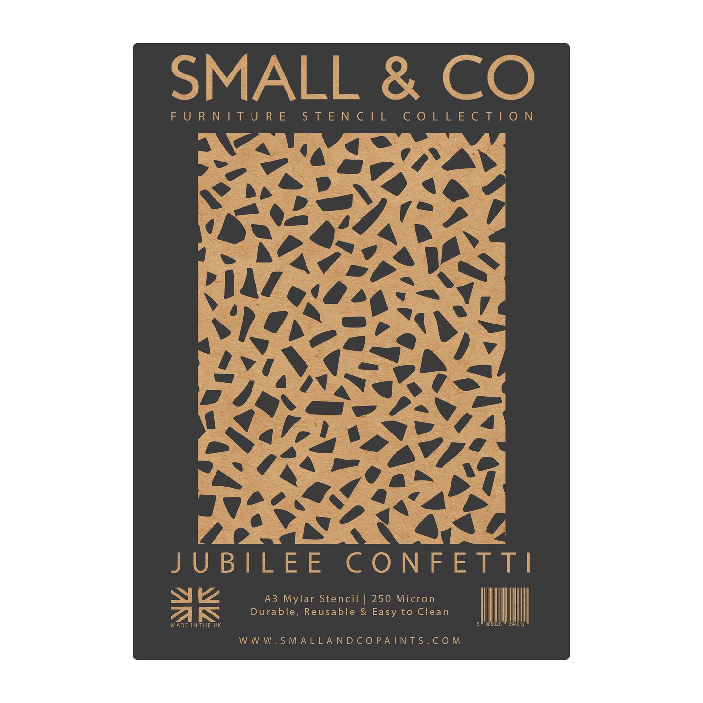 Jubilee Confetti stencil packaging with seamless dot pattern – UK-made A3 reusable stencil for playful feature walls, crafts and upcycling.
