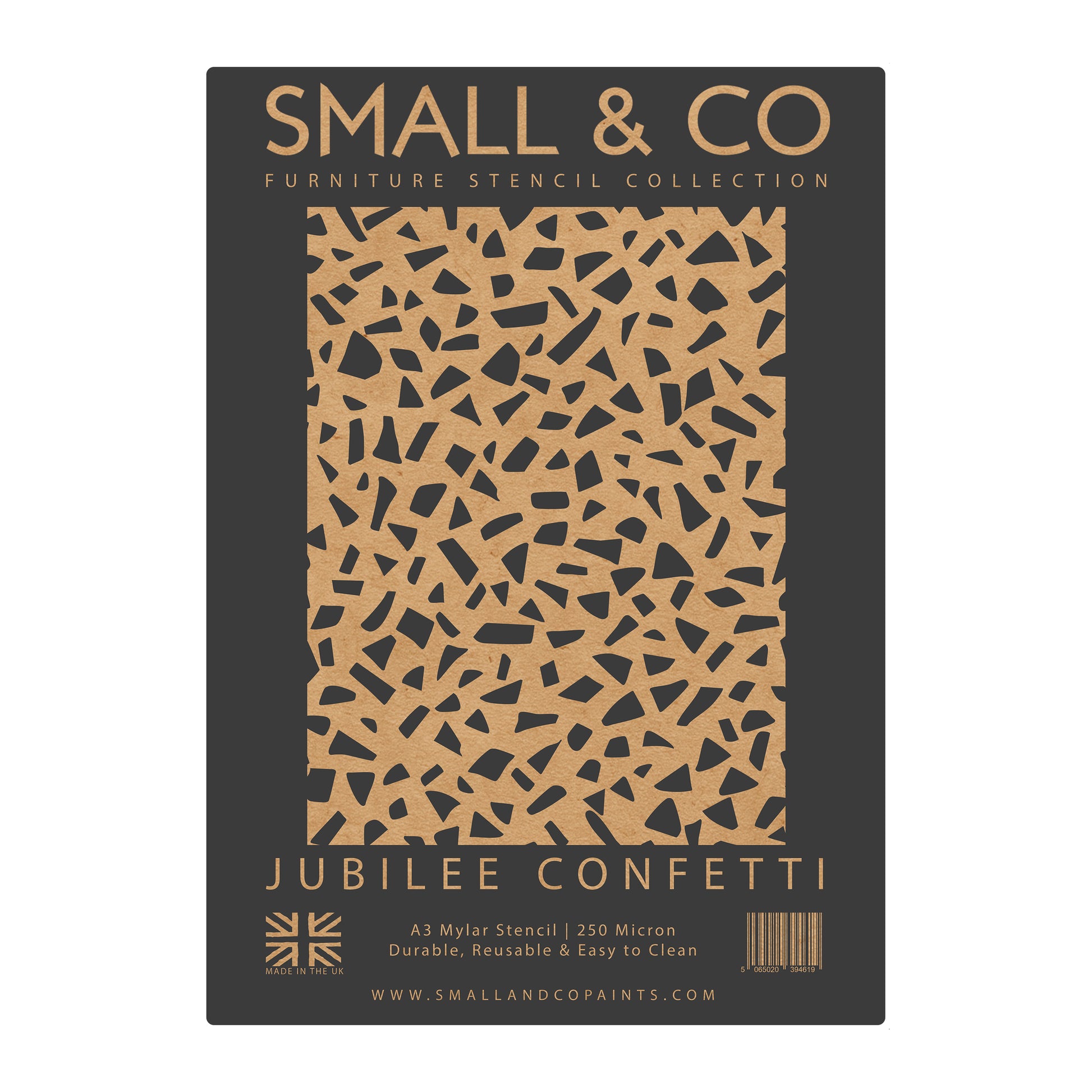 Jubilee Confetti stencil packaging with seamless dot pattern – UK-made A3 reusable stencil for playful feature walls, crafts and upcycling.
