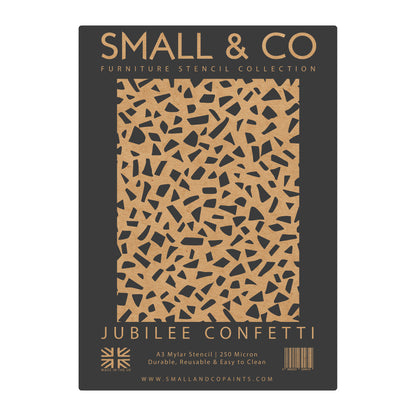 Jubilee Confetti stencil packaging with seamless dot pattern – UK-made A3 reusable stencil for playful feature walls, crafts and upcycling.