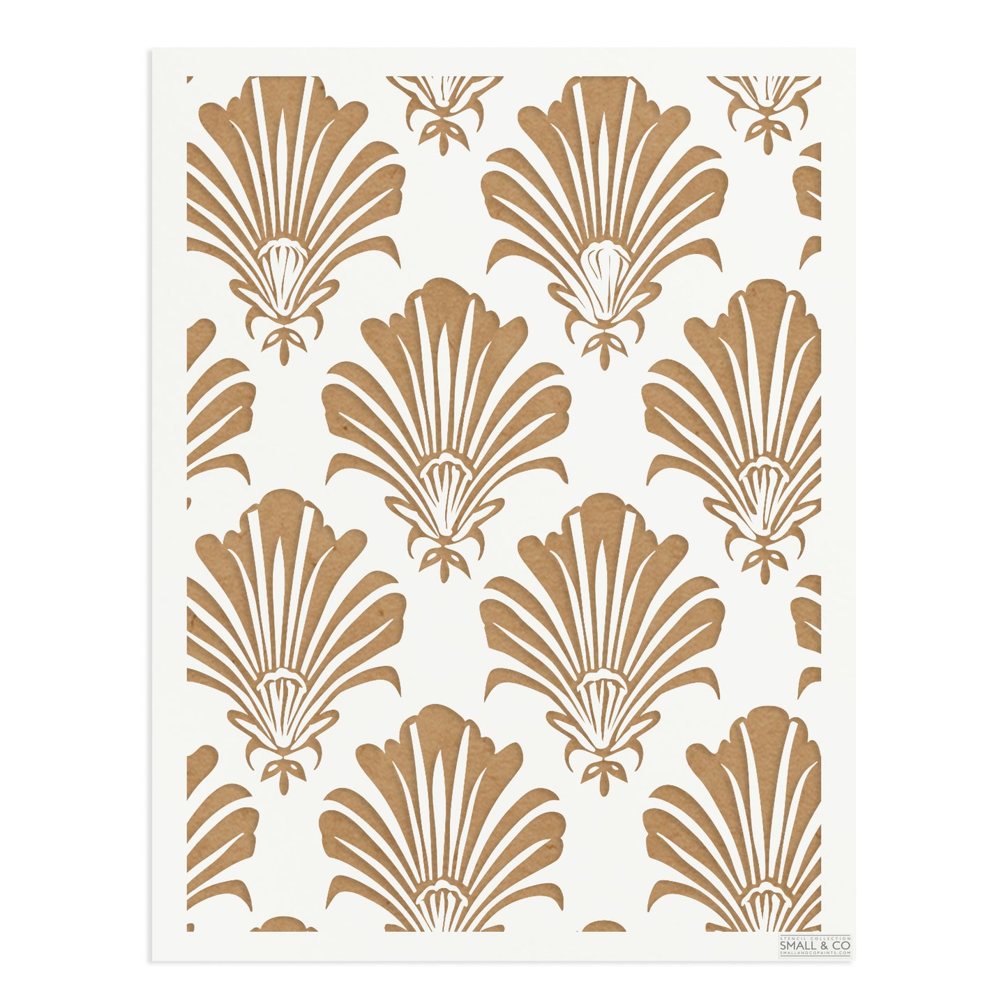 Majesty Shell vintage seashell stencil by Small & Co – reusable coastal furniture and wall stencil with shell pattern, perfect for shabby chic interiors, cottagecore, DIY upcycling, fabric printing, crafts and decorative painting.