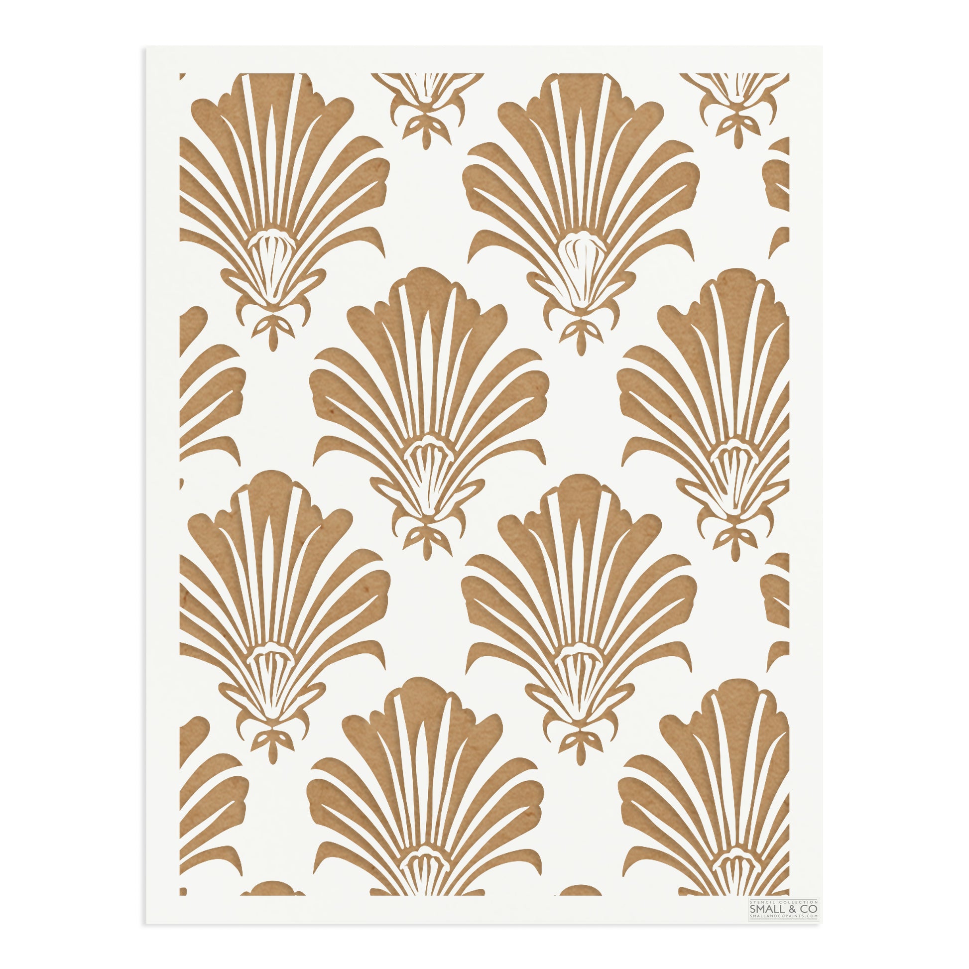 Majesty Shell vintage seashell stencil by Small & Co – reusable coastal furniture and wall stencil with shell pattern, perfect for shabby chic interiors, cottagecore, DIY upcycling, fabric printing, crafts and decorative painting.