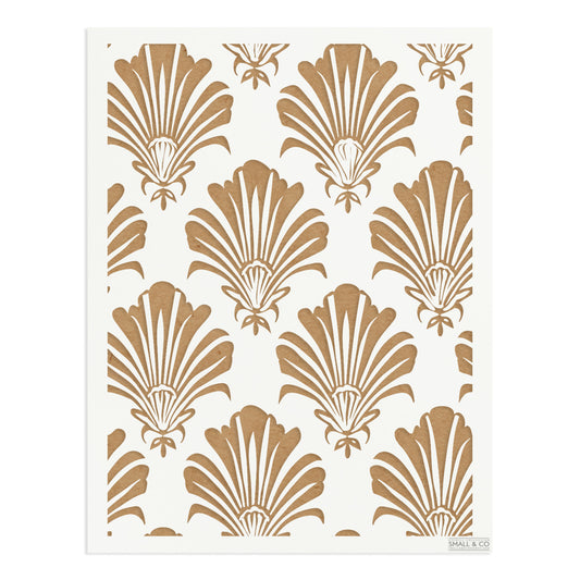 Majesty Shell vintage seashell stencil by Small & Co – reusable coastal furniture and wall stencil with shell pattern, perfect for shabby chic interiors, cottagecore, DIY upcycling, fabric printing, crafts and decorative painting.