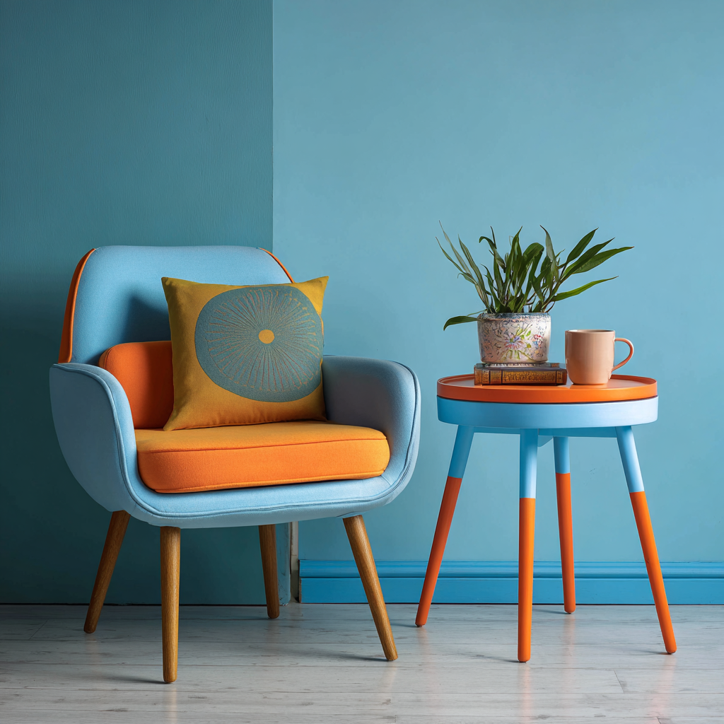 Mid-century style table with dipped orange legs against a blue wall — modern dipped furniture painting technique.
