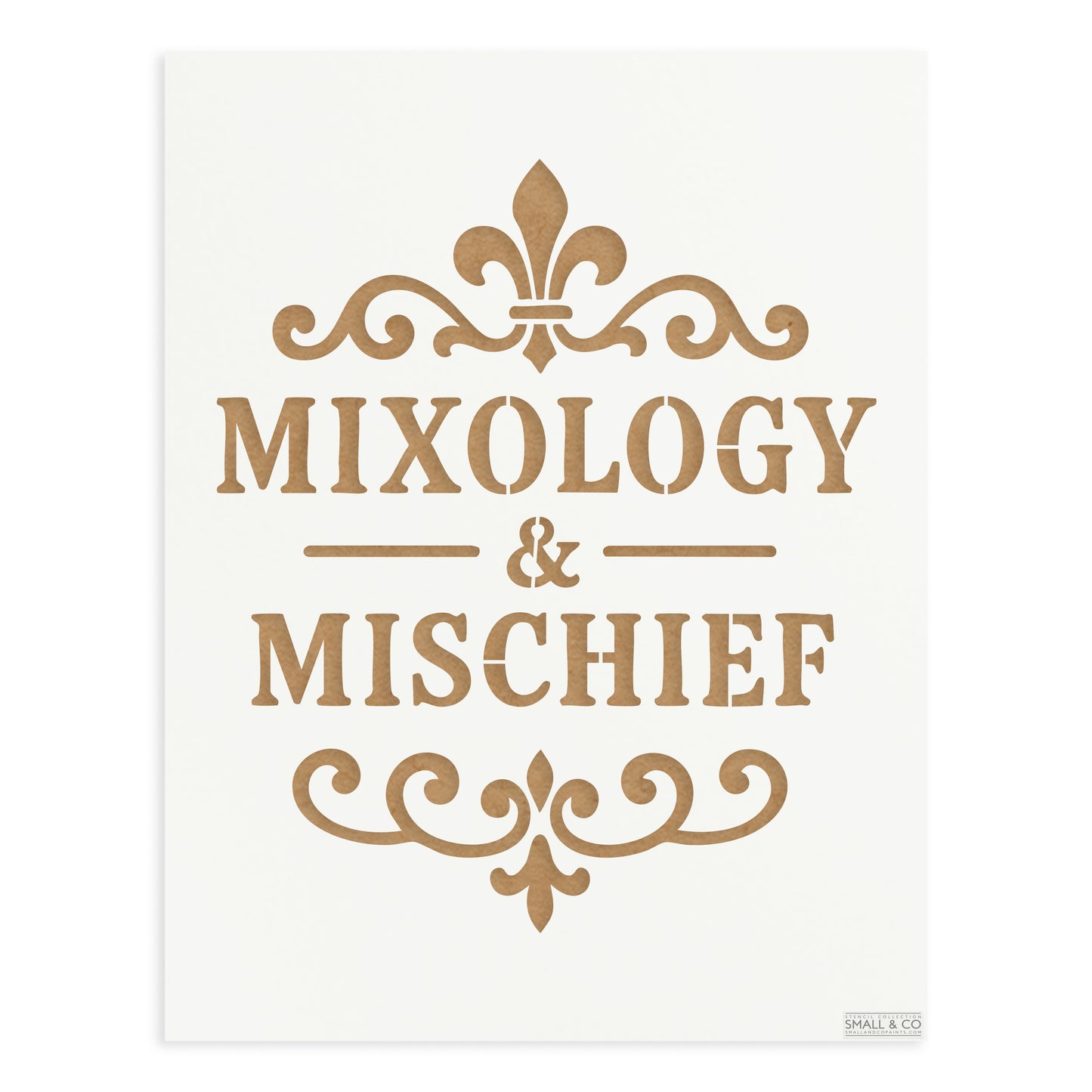 Mixology and Mischief furniture paint stencil A3 reusable Mylar template with cocktail bar typography for drinks cabinets, home bar furniture, pub décor and wall art