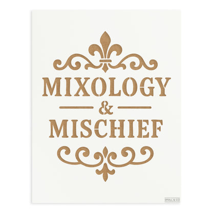 Mixology and Mischief furniture paint stencil A3 reusable Mylar template with cocktail bar typography for drinks cabinets, home bar furniture, pub décor and wall art