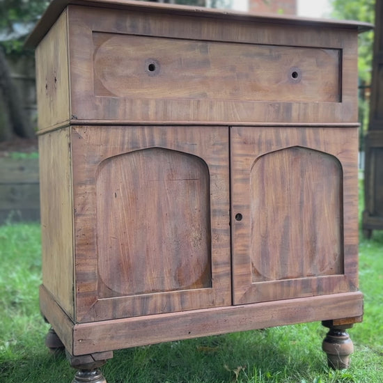 Antique mahogany victorian washstand commode being hand painted in small and co suffolk shell light blush pink dusty dusky pink colour by Small and Co furniture paints, uk made scratch resistant paint