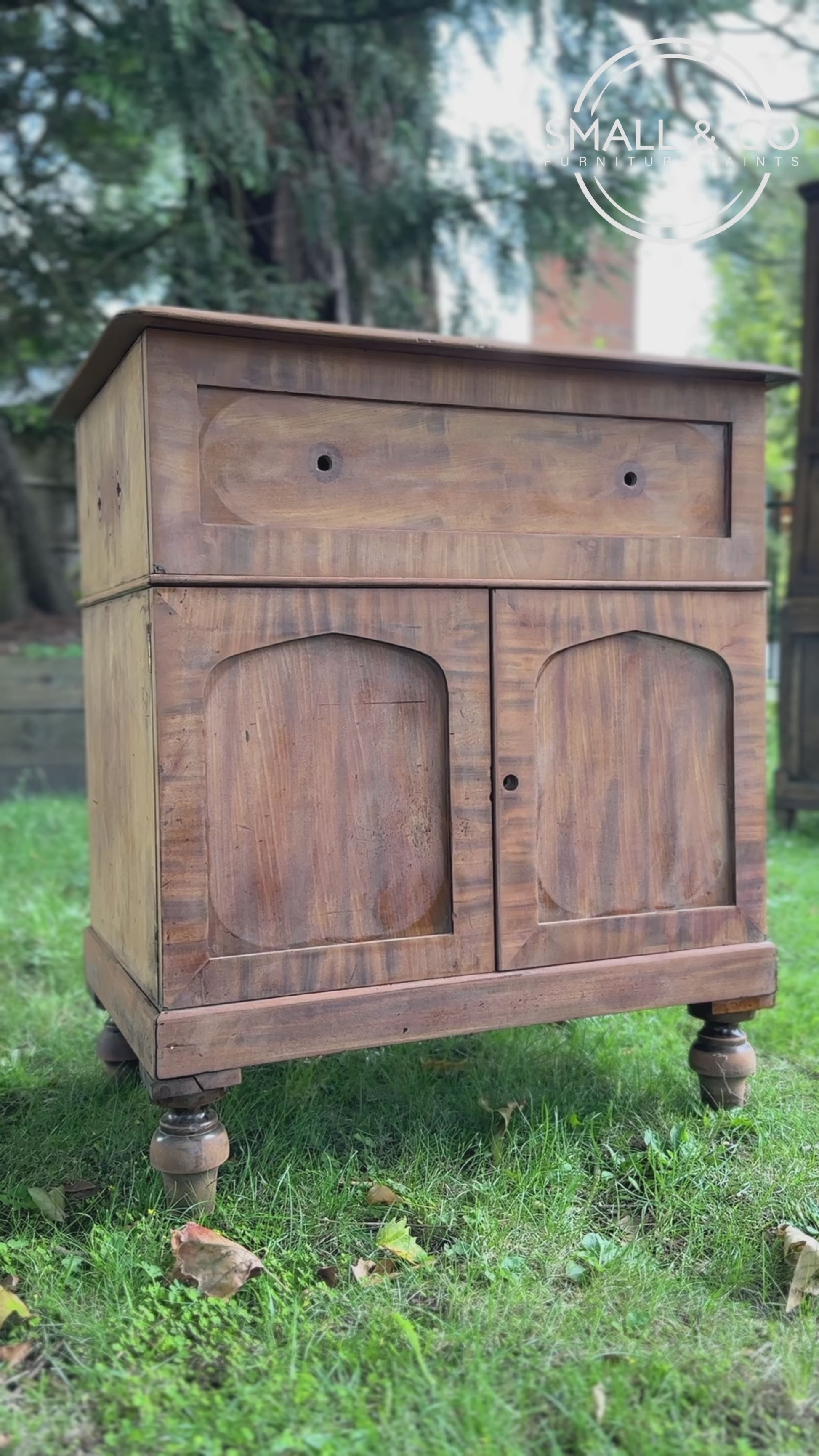 Antique mahogany victorian washstand commode being hand painted in small and co suffolk shell light blush pink dusty dusky pink colour by Small and Co furniture paints, uk made scratch resistant paint