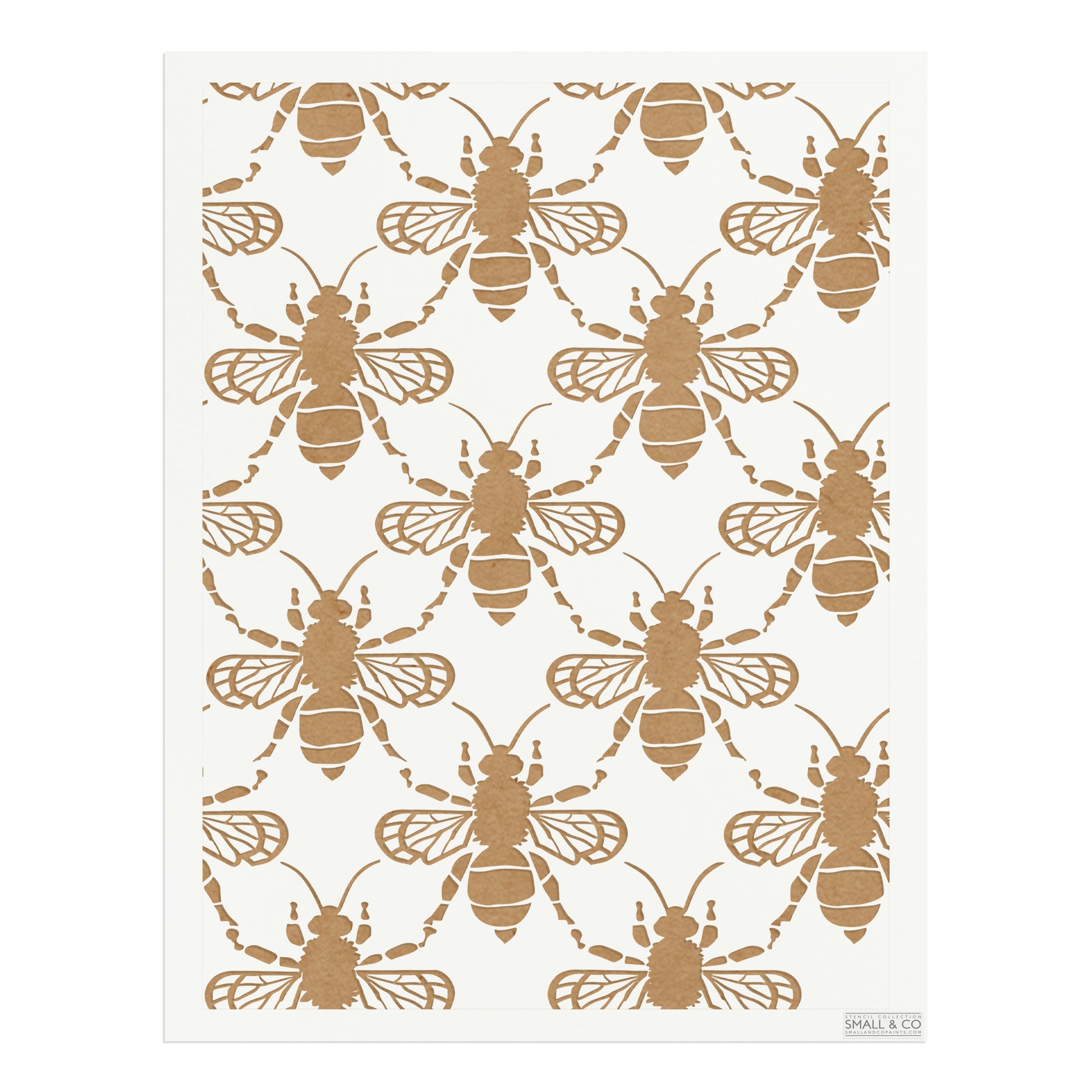 Queen’s Hive bee and honeycomb stencil by Small & Co – large reusable Mylar furniture stencil with bees and hexagon honeycomb pattern, perfect for painting walls, cabinets, fabric, DIY crafts, upcycling and decorative home projects.