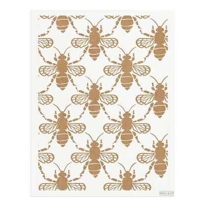 Queen’s Hive bee and honeycomb stencil by Small & Co – large reusable Mylar furniture stencil with bees and hexagon honeycomb pattern, perfect for painting walls, cabinets, fabric, DIY crafts, upcycling and decorative home projects.