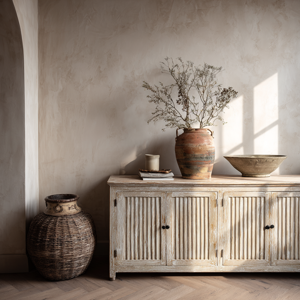 Roman-clay inspired limewash painted sideboard in soft neutral tones — textured furniture painting technique for a rustic finish
