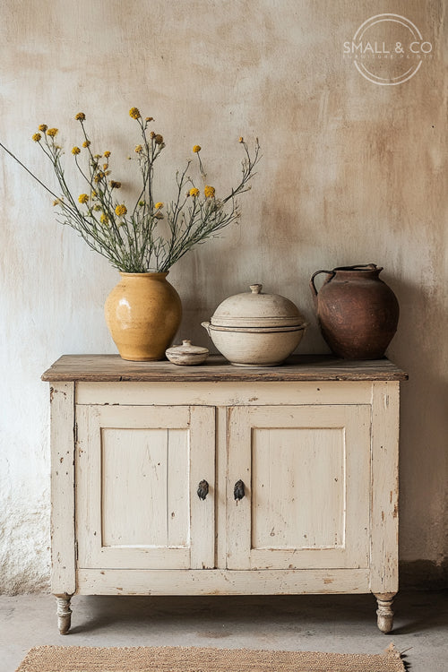 Farmhouse sideboard painted in Cotswold Cobbles warm grey furniture paint, styled with rustic wood decor and linen. A versatile upcycled furniture piece.