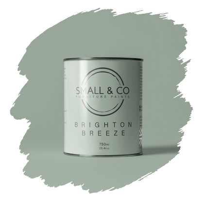 Brighton Breeze sage green grey mineral acrylic furniture paint – calming UK-made wood and cabinet paint with smooth matte finish.