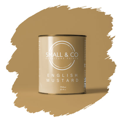 English Mustard ochre yellow mineral acrylic furniture paint – vintage UK-made cabinet and wood paint with durable matte finish.