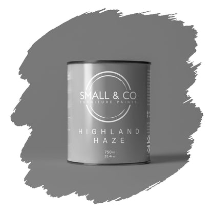 Highland Haze soft grey mineral acrylic paint tin – versatile UK-made furniture paint for wood, cabinets and home upcycling.