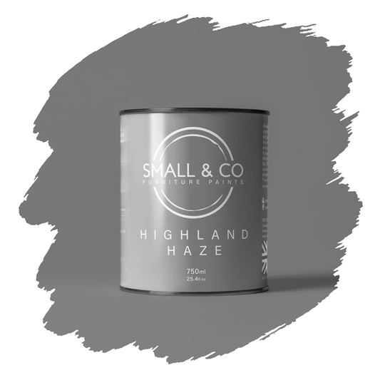 Highland Haze soft grey mineral acrylic paint tin – versatile UK-made furniture paint for wood, cabinets and home upcycling.