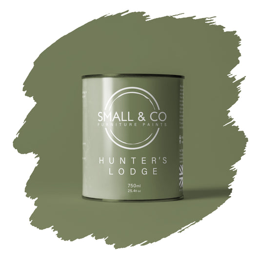 Hunter’s Lodge olive green mineral acrylic cabinet paint – rustic UK-made furniture paint, durable matte finish for wood.