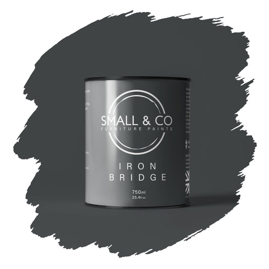 Iron Bridge deep iron grey charcoal ash colour mineral acrylic paint – UK-made furniture and cabinet paint, durable matte chalk paint alternative.