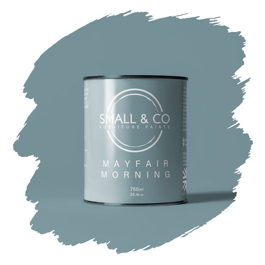 Mayfair Morning cool blue-grey mineral acrylic cabinet paint – elegant UK-made wood and furniture paint with durable matte look.