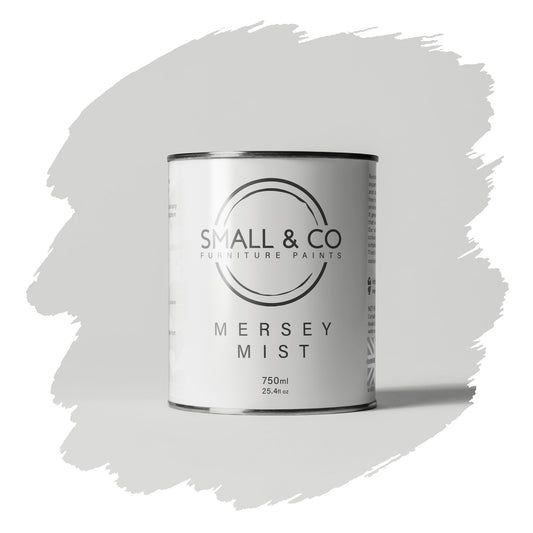 Mersey Mist pale misty grey mineral acrylic paint tin – fresh UK-made furniture paint for cabinets, wood and home upcycling.