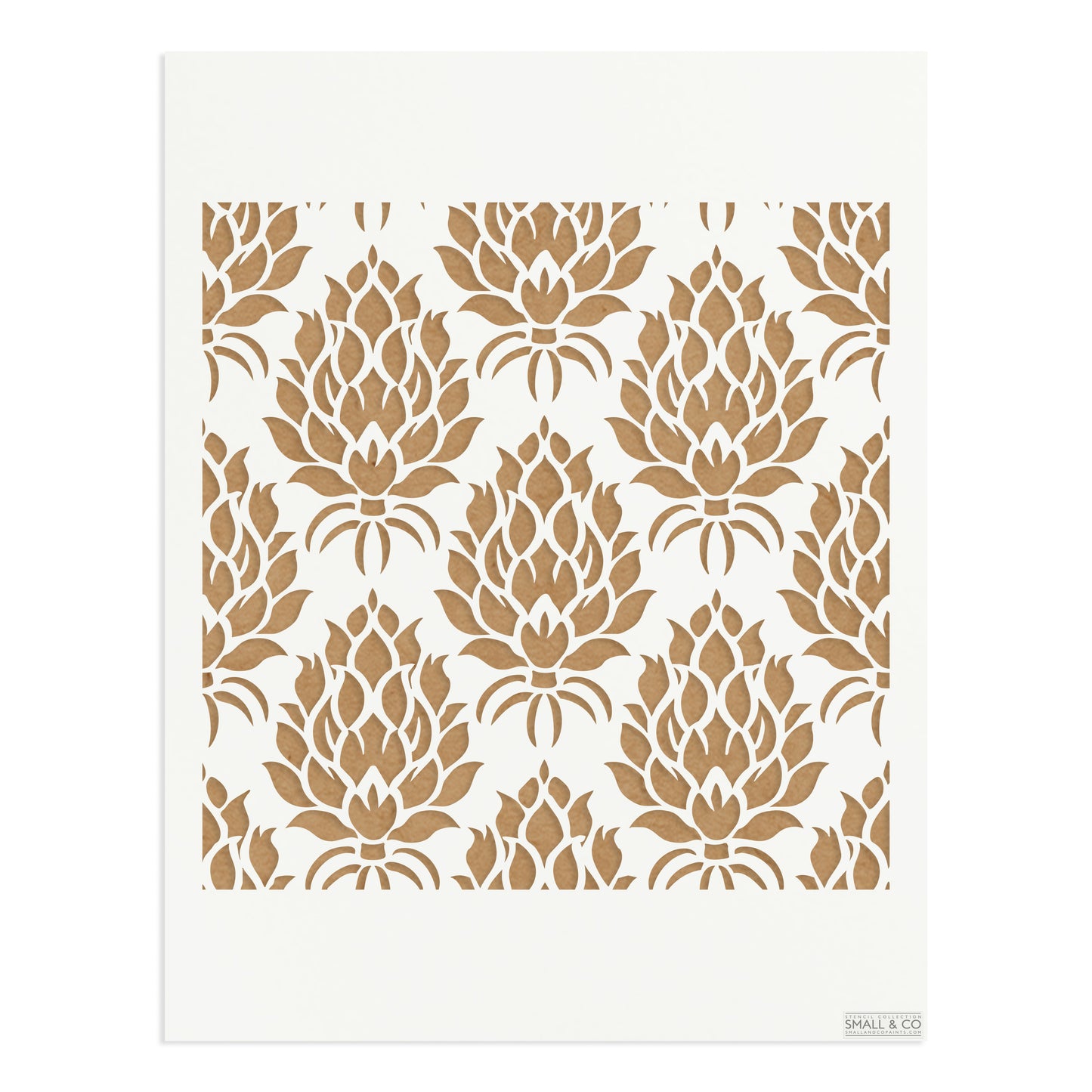 Small & Co Artichoke Crest A3 floral furniture paint stencil – heritage artichoke motif, tileable reusable Mylar for walls, cupboards and classic interiors.