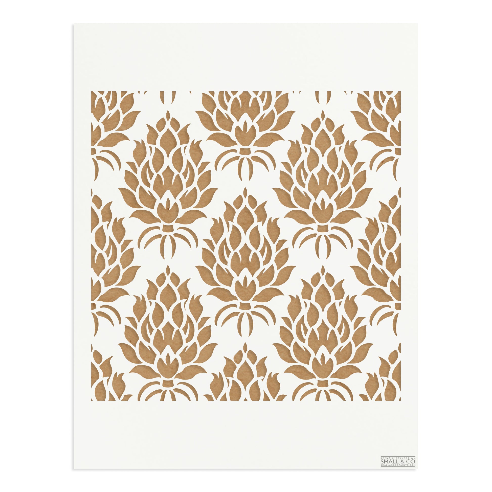 Small & Co Artichoke Crest A3 floral furniture paint stencil – heritage artichoke motif, tileable reusable Mylar for walls, cupboards and classic interiors.