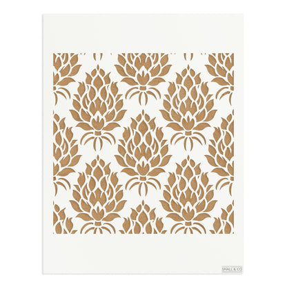 Small & Co Artichoke Crest A3 floral furniture paint stencil – heritage artichoke motif, tileable reusable Mylar for walls, cupboards and classic interiors.