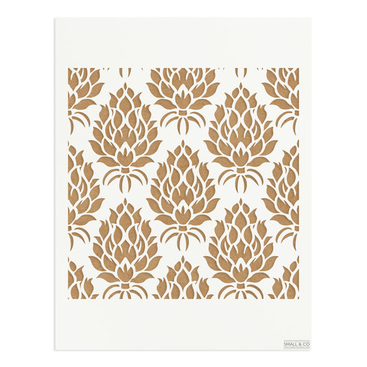 Small & Co Artichoke Crest A3 floral furniture paint stencil – heritage artichoke motif, tileable reusable Mylar for walls, cupboards and classic interiors.