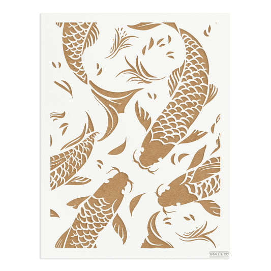 Small & Co Courtyard Koi A3 koi fish furniture paint stencil – ornamental tileable reusable Mylar for tabletops, wall panels, cabinets and serene interiors.