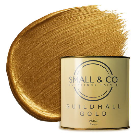 Small & Co Guildhall Gold metallic furniture paint – 250ml tin with shimmering antique gold brush stroke swatch, eco water-based low VOC paint for upcycling, DIY and crafts.