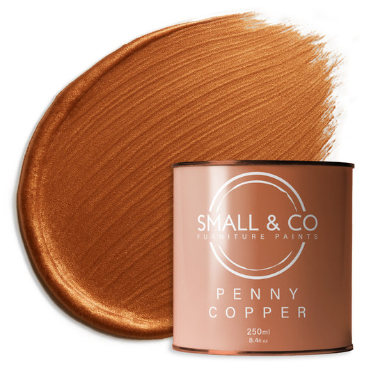 Small & Co Penny Copper metallic furniture paint – 250ml tin with rich copper brush stroke swatch, eco water-based low VOC paint for DIY upcycling, craft and interior furniture painting
