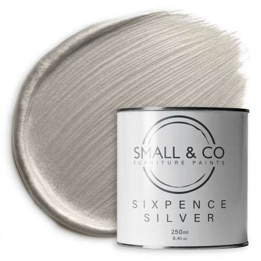 Small & Co Sixpence Silver metallic furniture paint – 250ml tin shown with pearlescent silver brush stroke, eco-friendly low VOC water-based paint for furniture upcycling, crafts and décor projects