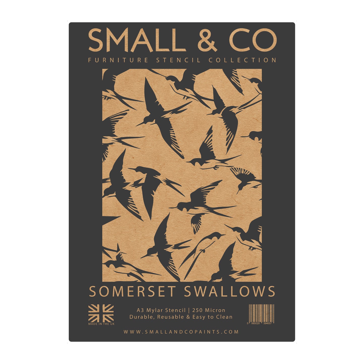 Somerset Swallows packaging with seamless flying swallows – UK-made A3 reusable stencil for rustic interiors, nursery décor and creative upcycling.